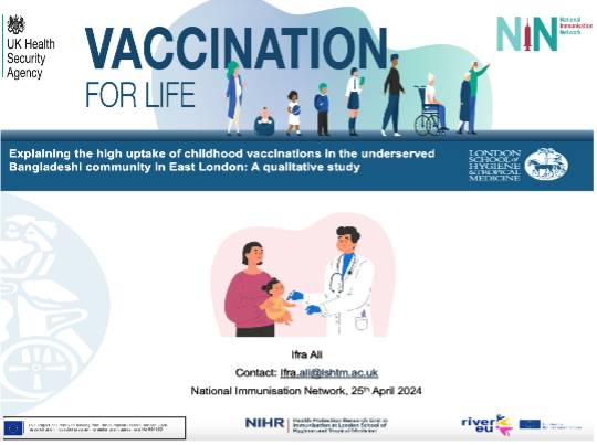 rivereuproject's tweet photo. 📢News from the @UKHSA's National Immunisation Network 2024 conference! 

Ifra Ali from @LSHTM presents research from #RiverEU on the Bangladeshi community, underserved yet boasting high childhood vaccination rates. 

#VaccinEquity #EIW2024 #ProtectingGenerations https://t.co/wFKQMmW4jQ