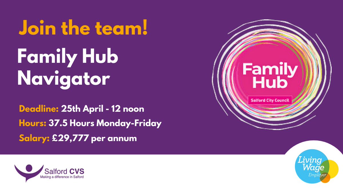 If you have started your application for the Family Hub Navigator role make sure you get it in by 12pm (noon) today! You still have a few hours to apply to join the Salford CVS team and make a difference in Salford. Read more and apply at: lght.ly/dnbidpe
