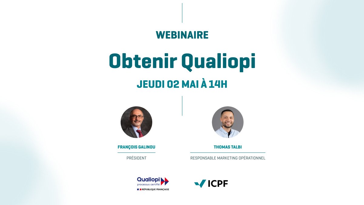 🔍 Pourquoi obtenir la certification #Qualiopi ? #ICPF vous guide ! Webinaire "Obtenir Qualiopi" le 02/05 à 14h. 

Inscrivez-vous gratuitement : ow.ly/WSbZ50RjGSS et posez vos questions en direct. 
🚀 Boostez votre organisme de formation. 

#FormPro #Formation