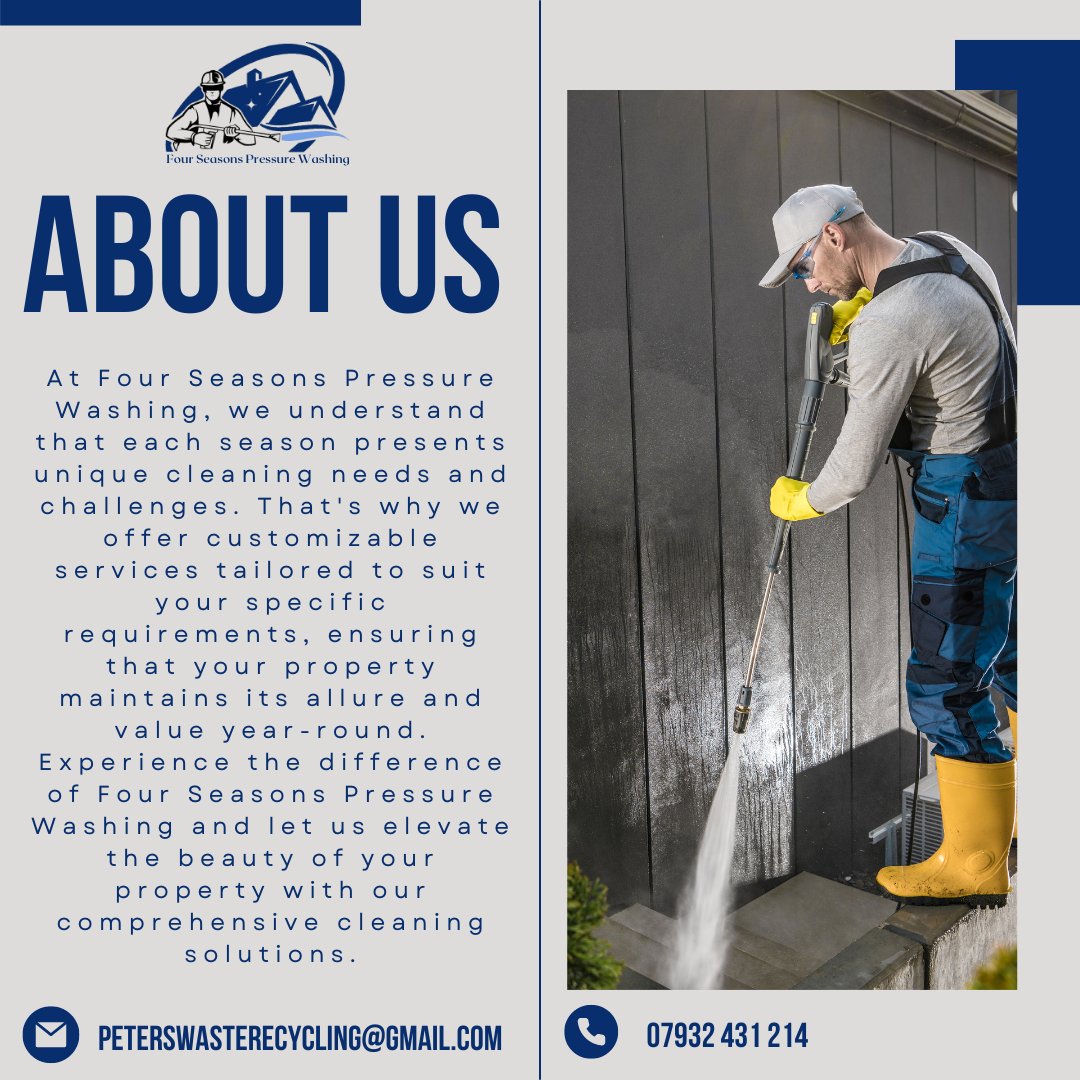 At Four Seasons, We Don't Just Wash – We Revive! Experience the difference of our expert pressure washing services.

07932431214
peterswasterecycling@gmail.com

#FourSeasonsPressureWashing #FourSeason #PressureWashing #OutDoorCleaning #Brickwork #Patios #Driveways #CarAndVans