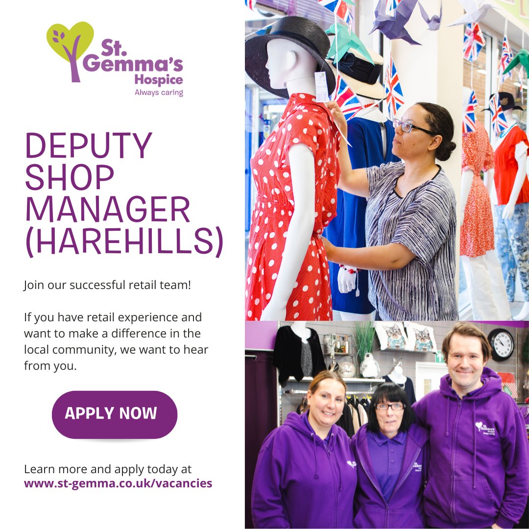 We're recruiting a Deputy Shop Manager to join the team in our Harehills shop 💜 If you have retail experience and want to make a difference in the local community, we want to hear from you! Find out more and apply online today at st-gemma.current-vacancies.com/Jobs/Advert/34… #JobsLeeds #Leeds