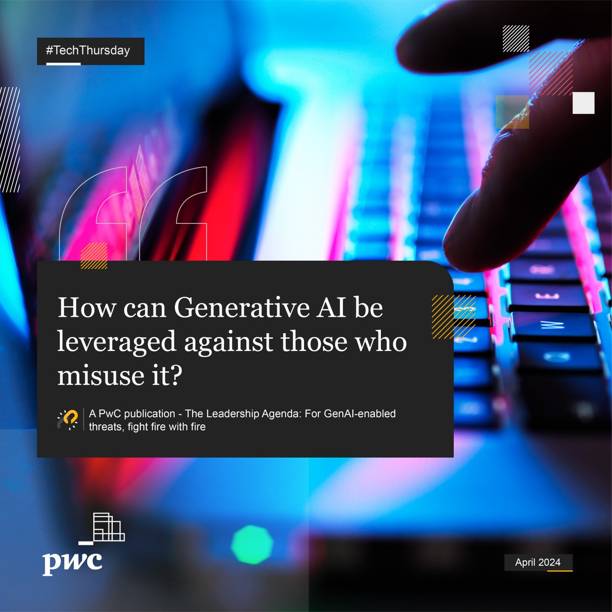 #TechThursday: How can businesses respond to the top unique threats posed by #generativeAI?

Take a look at the findings on #cyber defence and AI from PwC’s latest Digital Trust Insights survey: ow.ly/2t3350RlYzl

#GenAI #DTISurvey #Cybersecurity