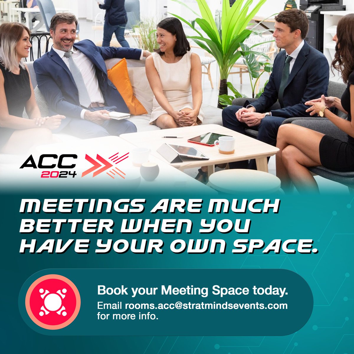 Your meetings at #ACC2024 will be so much more productive when you and your partners are sitting comfortably in a dedicated space. Email Fholine Serrano, Rooms Lead, at rooms.acc@stratmindsevents.com to get your own Meeting Space!