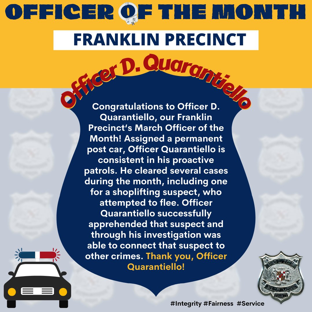 🥁Drumrolls please....Congratulations to our #Franklin Precinct's Officer of the Month for March, #BCoPD Officer D. Quarantiello! 🚔In addition to apprehending a shoplifting suspect who was attempting to flee, his proactive patrols help keep the area safe. Thank you!🏆