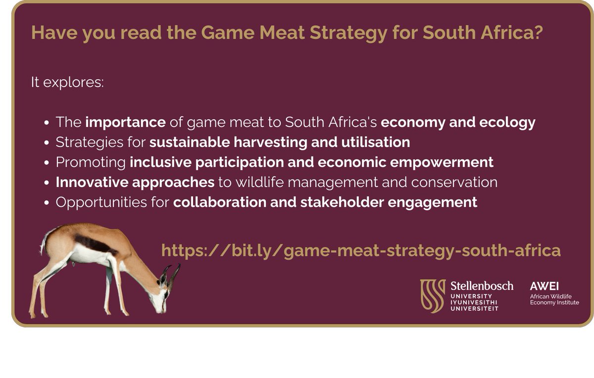 Have you read the Game Meat Strategy for South Africa? AWEI submitted comments on the strategy - read these here: www0.sun.ac.za/awei/briefs/aw…. #WildlifeConservation #SustainableDevelopment #GameMeatStrategy #WildlifeEconomy #EconomicEmpowerment #GameMeat