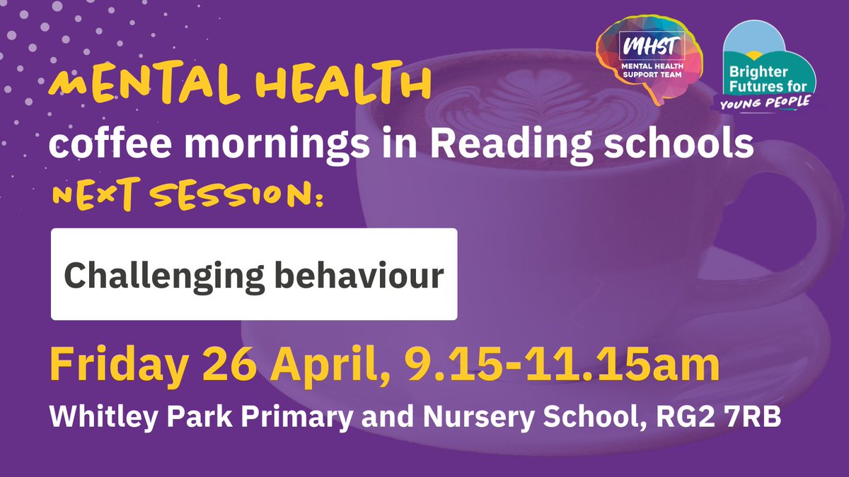 Join Amanda Mavunga, Senior CAMHS Clinician at BFfC, to chat & learn about how to respond helpfully to challenging behaviour. This Friday 26 April 9.15-11.15am at Whitley Park Primary & Nursery School, Reading RG2 7RB. More info: ⭐️ ow.ly/OsyR50QpEJq #rdguk #MentalHealth