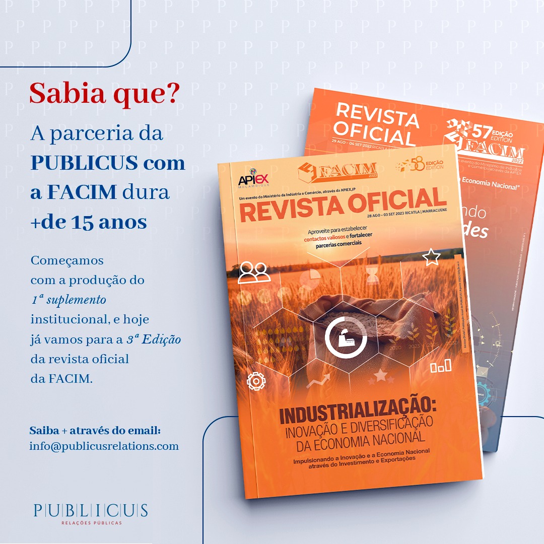 PUBLICUS7's tweet photo. Já se preparou para a 59a Edição da Feira Internacional de Maputo? Temos uma proposta adequada para si, com vários pacotes de serviços e produtos de comunicação.
#publicusmz 
#facim2024 
#facim_apiex 
#oportunidadescomerciais 
#vendas 
#expertise 
#comunicação 
#relacoespublicas https://t.co/VoZzsqle0s