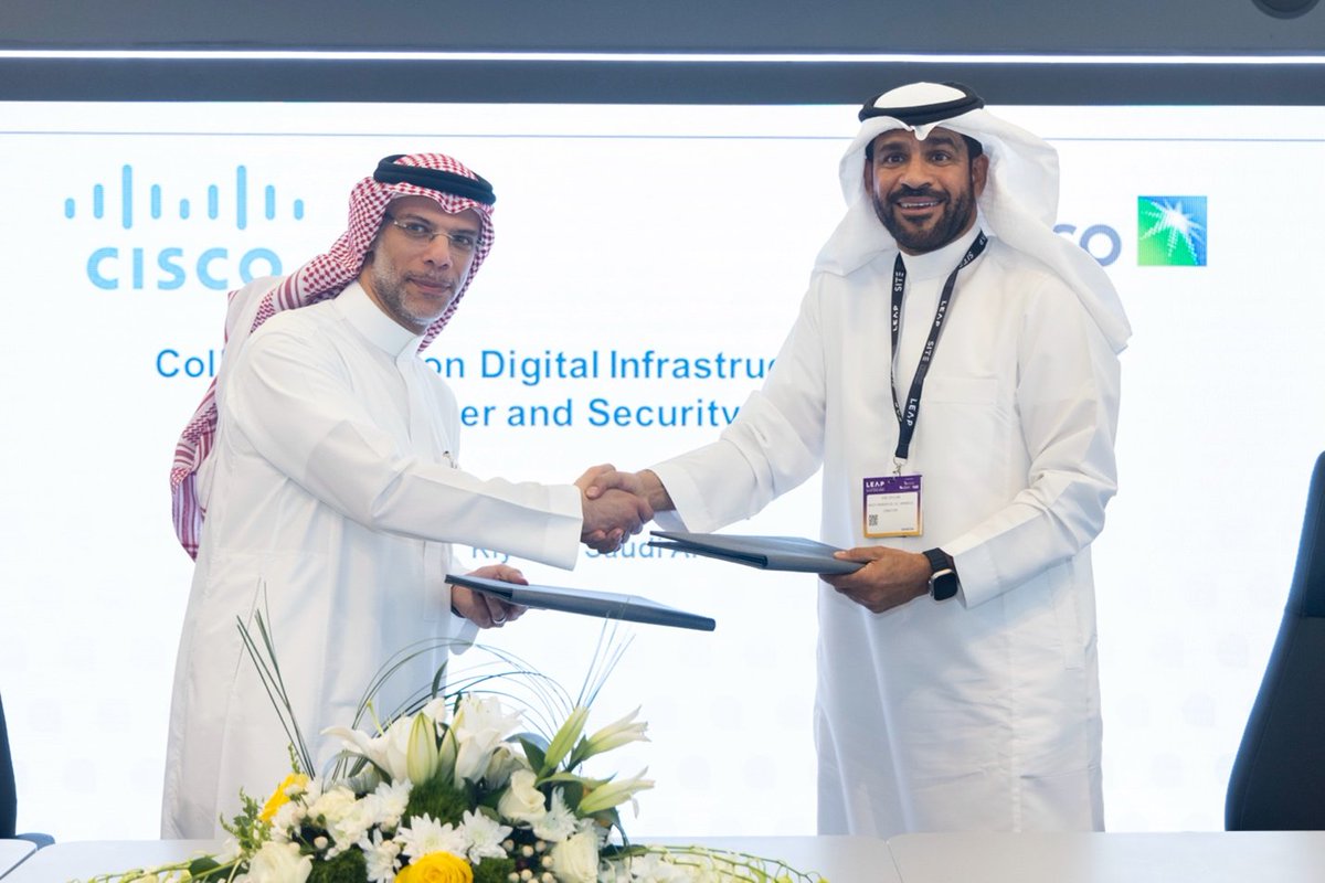 CiscoSaudia's tweet photo. At #LEAP24, an MoU was signed by @aramco and Cisco to collaborate on supporting Aramco’s digital transformation, including AI and IoT, cybersecurity and collaboration solutions.

#DigitalTransformation #AI #IoT #cybersecurity #collaboration 
#CiscoLEAP #CiscoSaudi https://t.co/t0M9dJNbKf
