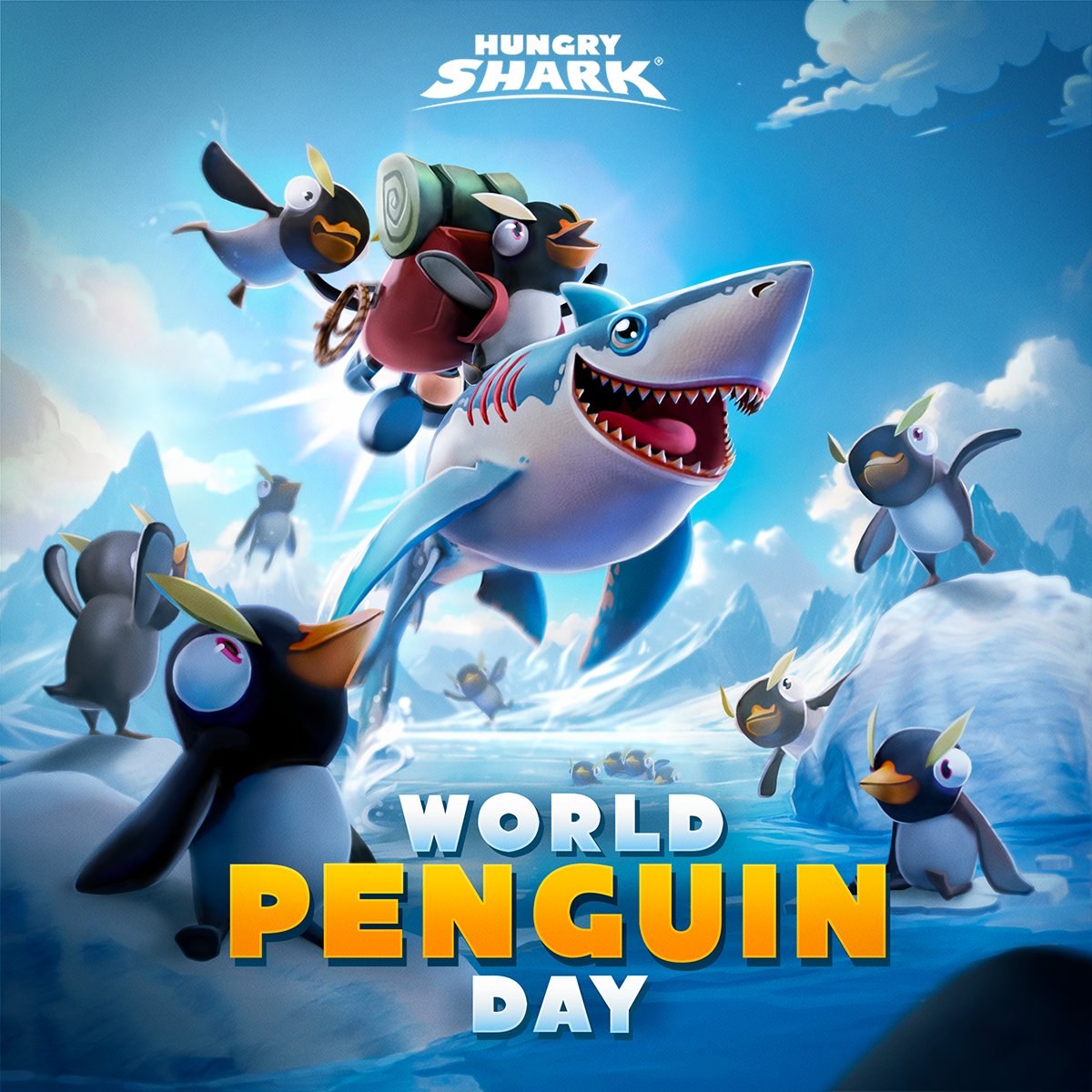Happy World Penguin Day! 🎉🐧 Join us in celebrating our flippered friends on #HungryShark. 🦈 Let’s honor our tuxedo-clad friends by pledging to protect their icy habitats. 🌊💙 #WorldPenguinDay