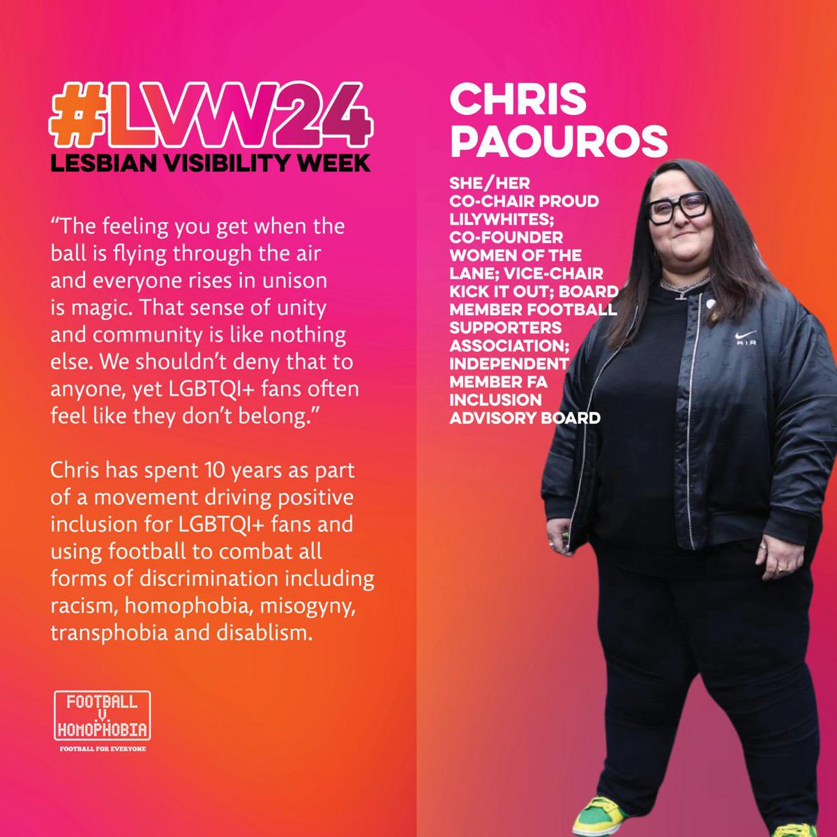 .@chrispaouros has spent 10 years as part of a movement driving positive inclusion for LGBTQl+ fans and using football to combat all forms of discrimination including racism, homophobia, misogyny, transphobia and disablism 🙌🏳️‍🌈🏳️‍⚧️ #LVW24 | #unifiednotuniform