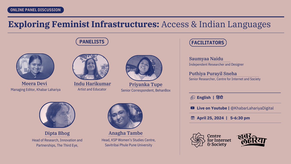 Live-streaming now 🎥 Our online panel discussion on “Exploring Feminist Infrastructures: Access & Indian Languages,” in collaboration with @cis_india Tune in to hear our Managing Editor, @klmeera with other esteemed panellists. Watch: youtube.com/khabarlahariya…