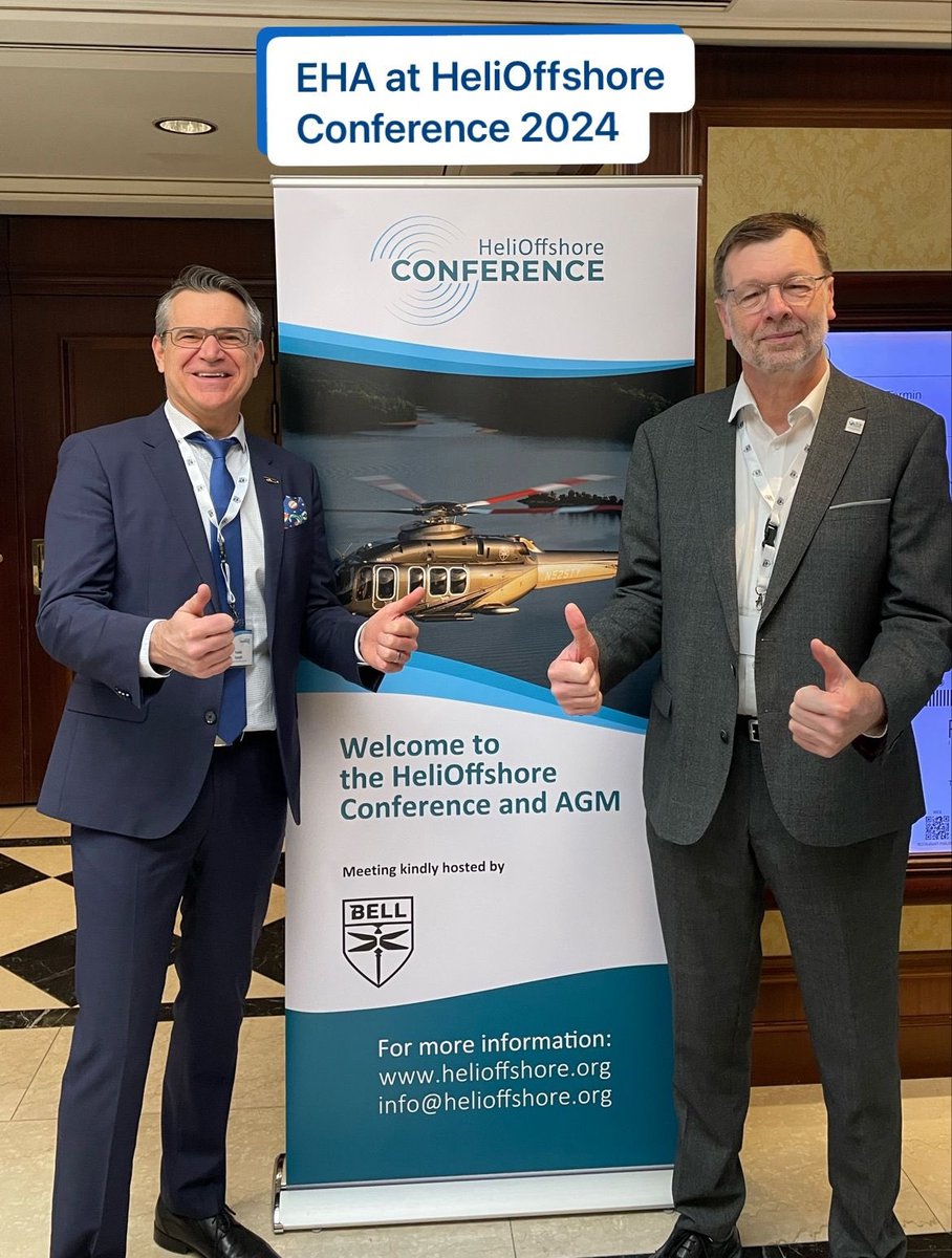 European Helicopter Association present at @HeliOffshore Conference 2024 in Vienna looking forward to important discussions how to improve safety. EHA Chairperson Fredrik Kämpfe and Safety and Technical Executive Oliver Dismore. @eha_heli