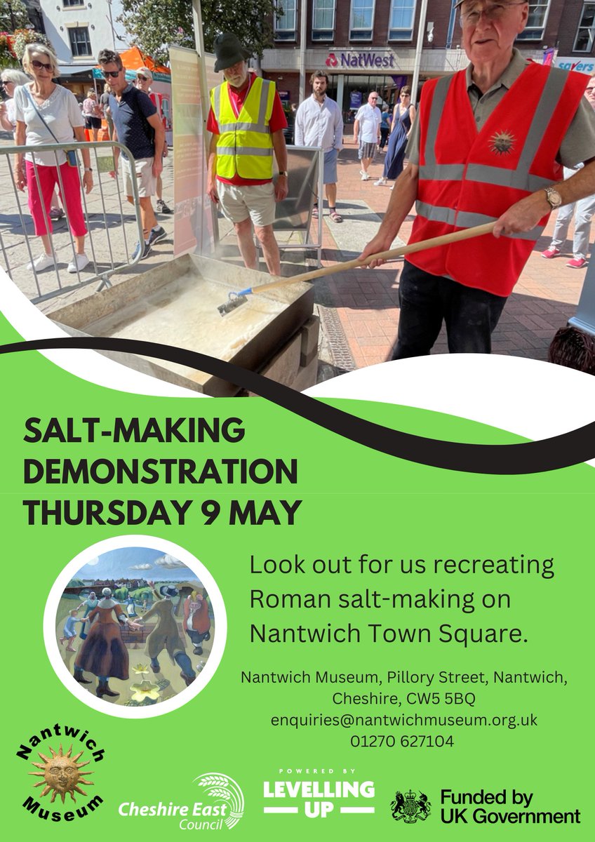 A date for your diary - drop by #Nantwich Town Square any time on Thurs 9 May and you'll see a fascinating demonstration of making salt from Nantwich Brine... @NantwichTC @Ecosal_UK @ChesterArchSoc @LocalCheshire @LionSaltWorks