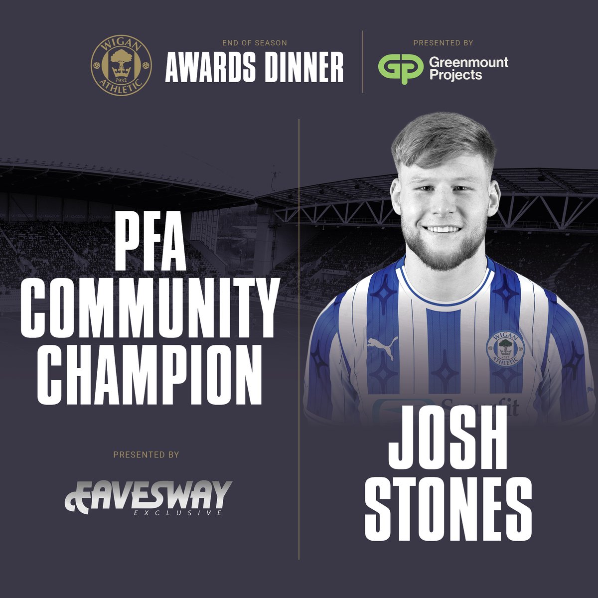 🏆 @JoshStones09 has been named as the Club’s 2023/24 PFA Community Champion in recognition of his ongoing support of @LaticsCommunity… Proudly presented by Eavesway 🤝 #wafc 🔵⚪️
