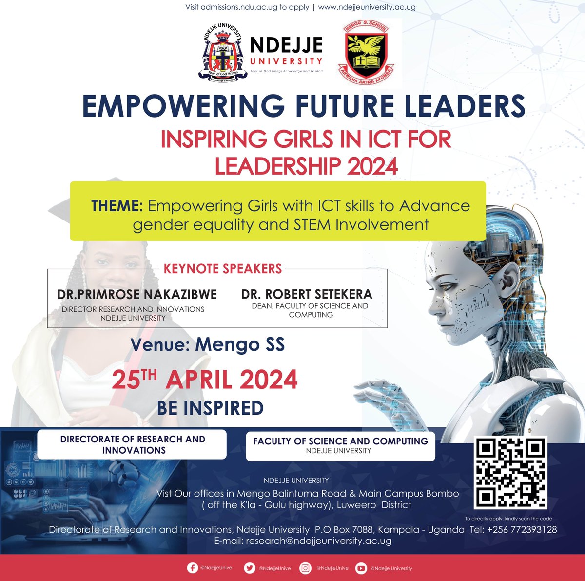 Join us today at Mengo SS for an empowering event: 'Inspiring Girls in ICT for Leadership 2024.' 🌟 Let's empower our future leaders with ICT skills to advance gender equality and STEM involvement. 
#EmpowerGirls #ICTLeadership #STEMEquality #JoinNdejje2024