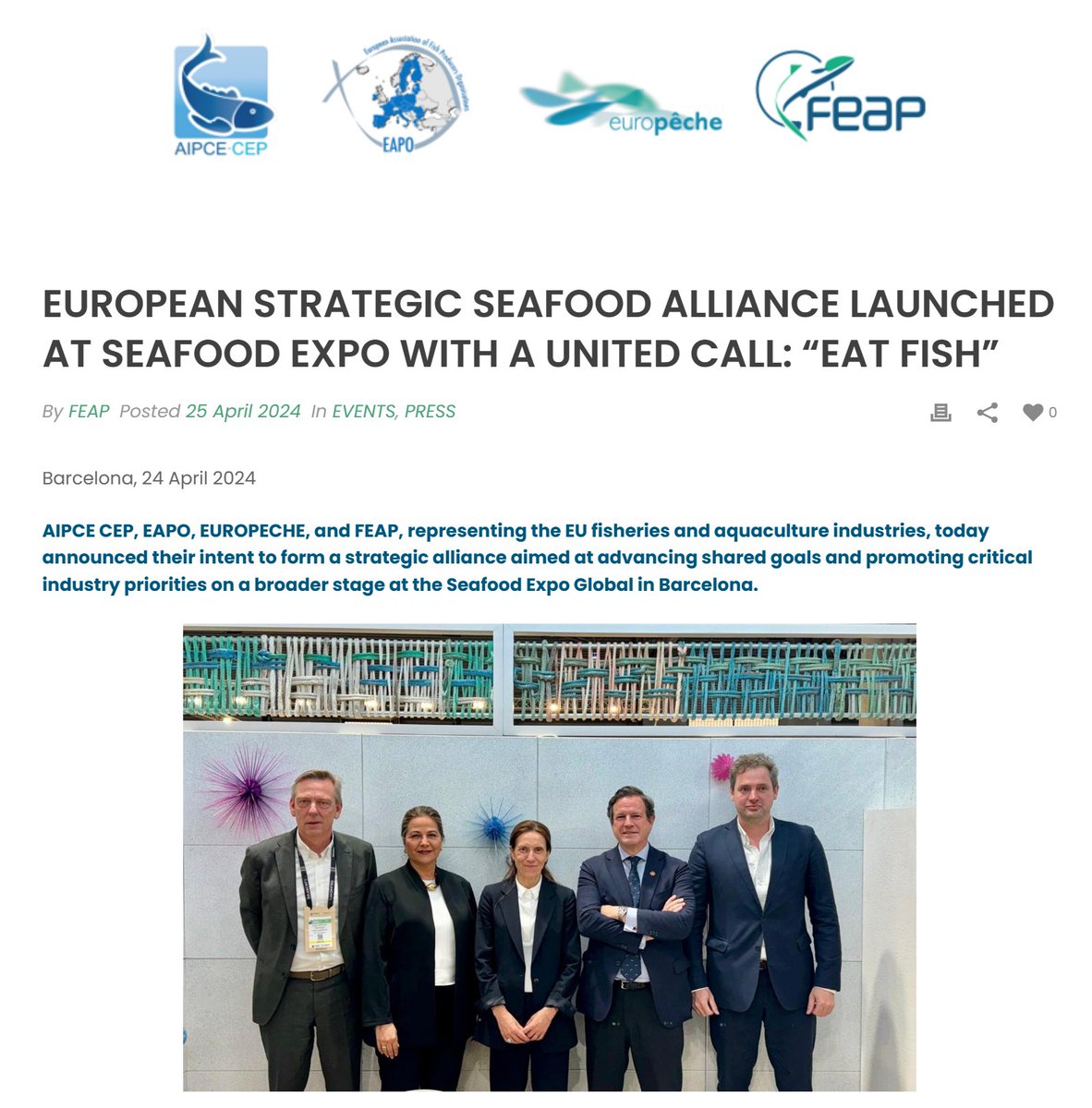 🔎@feapinfo, @AIPCECEP, @EuropecheOrg & @EAPO_EUfishPOs launch #ESSA: the European Strategic Seafood Alliance.
📰Read our press release feap.info/index.php/2024…… #BlueFoods #Fisheries #Aquaculture #FishFarming #EatFish #ClimateAction #FoodSecurity