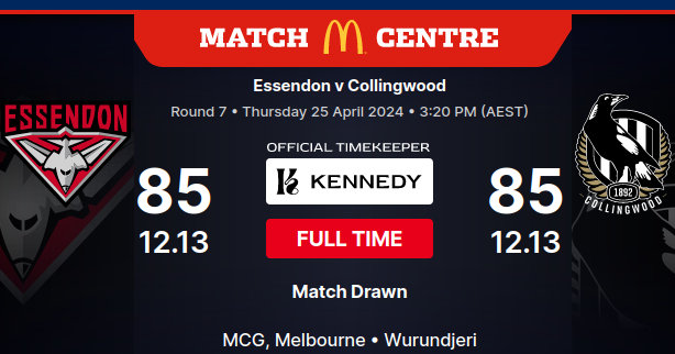 Two teams. Impossible to separate. Over 93,000 people at the MCG watched Essendon hold last year's premiers Collingwood to a draw during their traditional Anzac Day match-up, delivering a result that no one had predicted. #AFLDonsPies #AnzacDay