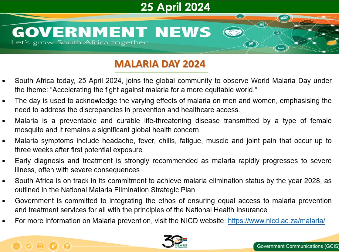 Malaria Day 2024 #MalariaDay24 #MalariaAwareness @HealthZA @GovernmentZA