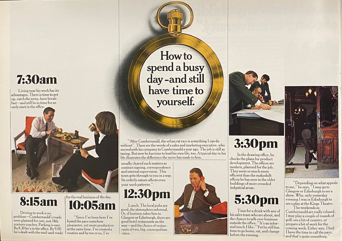 The 'typical' working day of a businessman in Cumbernauld as seen in a CDC marketing brochure.💼
#BusinessArchives #Archive30