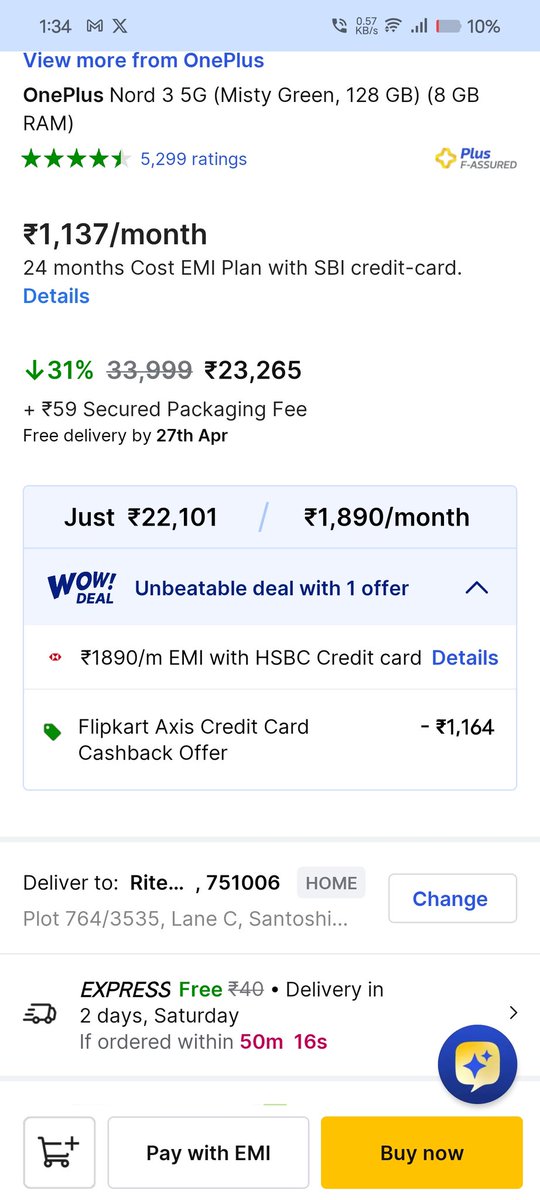 OnePlus Nord 3 at 22k 🔥🔥 in Flipkart with Flipkart Axis Bank Credit Card 💯💯