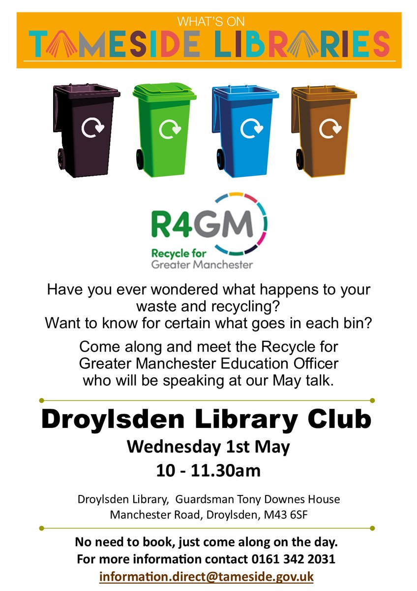 Come and discover how mixed recycling is separated at our May talk. A Greater Manchester Education Officer will be showing us how to recycle right and why it’s important for our planet. There will be interactive activities and time for questions. No need to book, just drop in