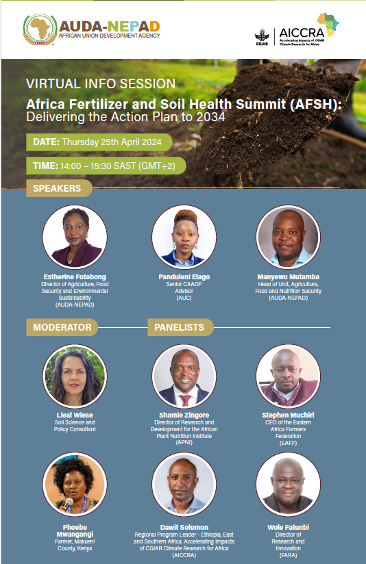 👀What are you doing at 2pm (CAT) today? Join @NEPAD_Agency and AICCRA for a learning session on what you need to know ahead of the Africa Fertilizer and Soil Health Summit. bit.ly/4d2Vvyi #AFSH24 #SoilHealth