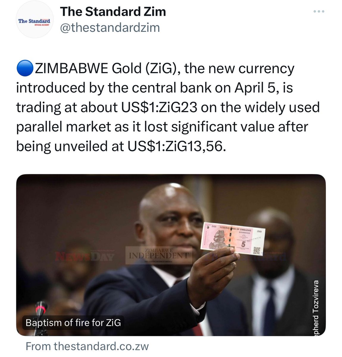 The Zimbabwean Standard newspaper reports today that Zimbabwe's new currency, the ZiG, has once again lost buying power on the black market, dropping from 20 to 23 against the US Dollar. This is despite the arrest of illegal money changers last week, who remain in custody.
