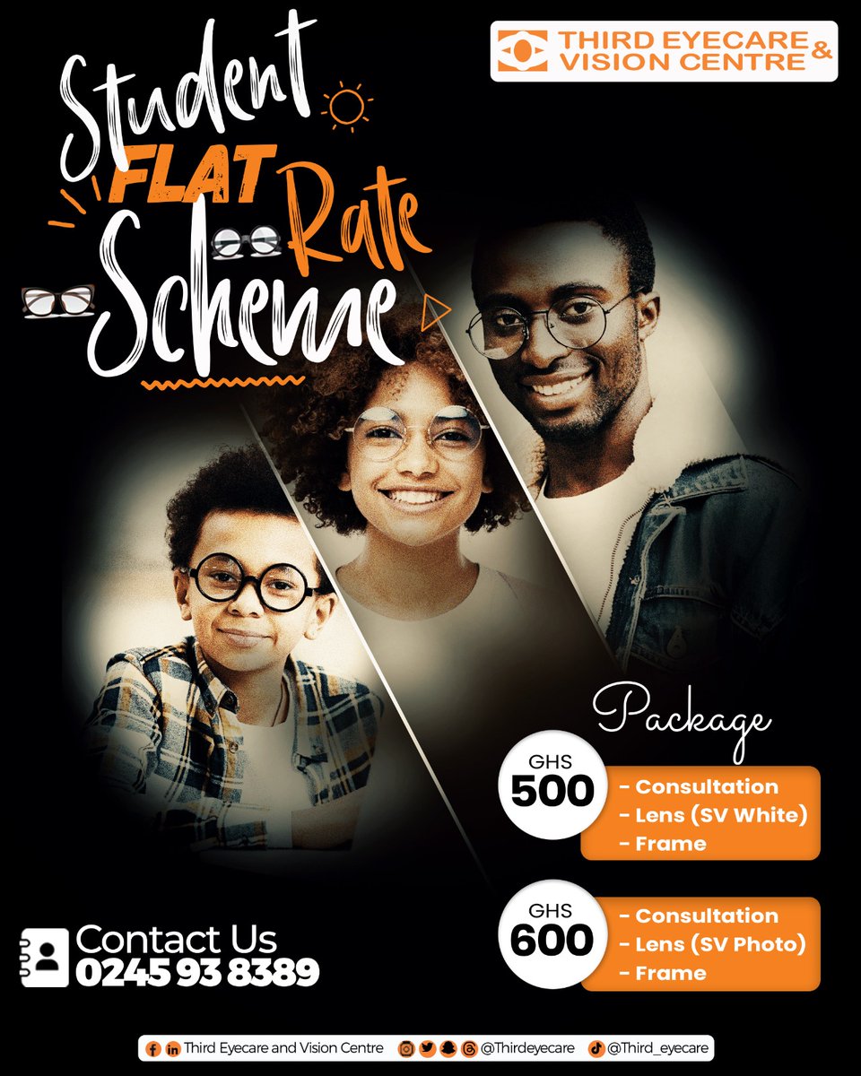 Eyecare Made easy for students with our STUDENTS FLAT RATE SCHEME!!!! #thirdeyecare #besteyeclinicinghana #ghana #StudentsVision #Eyecareforstudents #clearvisionforstudents #Affordableeyecare #April2024