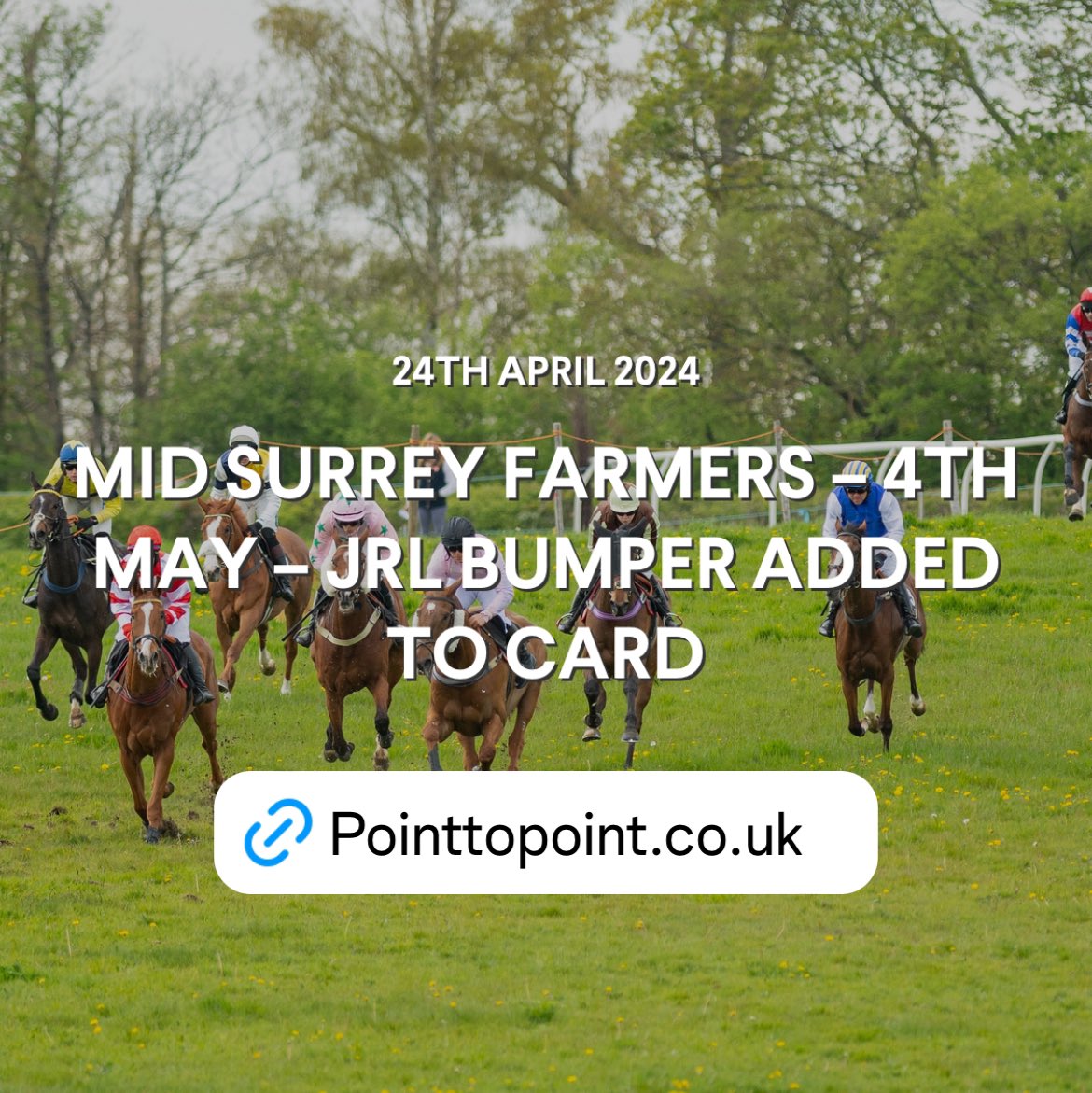 MID SURREY FARMERS 4TH MAY JRL BUMPER ADDED TO CARD Mid Surrey Farmers at Godstone on Saturday 4th May, has a JRL sponsored flat race added. It will be the last race on the card due off at 5.30 pm. Full race conditions pointtopoint.co.uk/news_articles/… @PointingSE #GoPointing