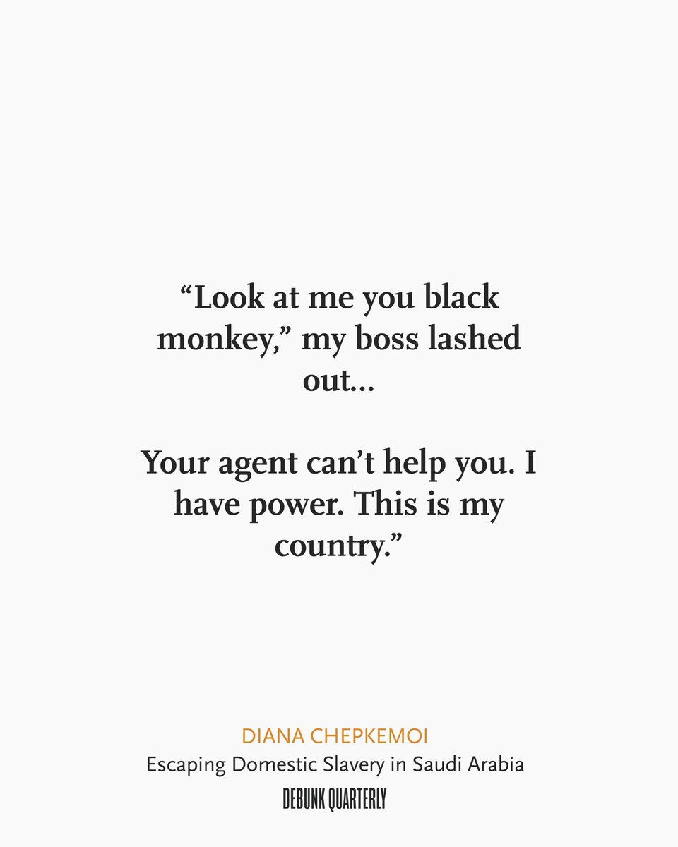 debunkdotmedia's tweet photo. “I kept shooting successive WhatsApp messages to my agent, as if I were a hostage in distress (I kinda was, and would soon become a hostage-proper). The messages went unanswered, and as if reading my mind or getting a heads up from my agent, my boss confiscated my phone.” @chepkemoi_D 
#EscapingDomesticSlaveryinSaudiArabia

Read the full story (reader discretion is advised): https://t.co/PnUfkiaFbx