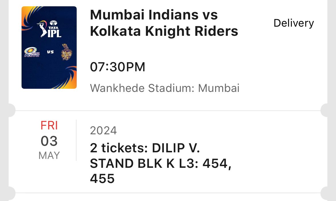 2 Tickets available MI vs KKR game at wankhade.
MRP of 4200 .
DM if you want at reasonable price .
Hand to hand deal with BMS verification.

#ipl #ipltickets #mivskkr #IPLT20 #ticketsforsale #rohitsharma #gautamgambhir