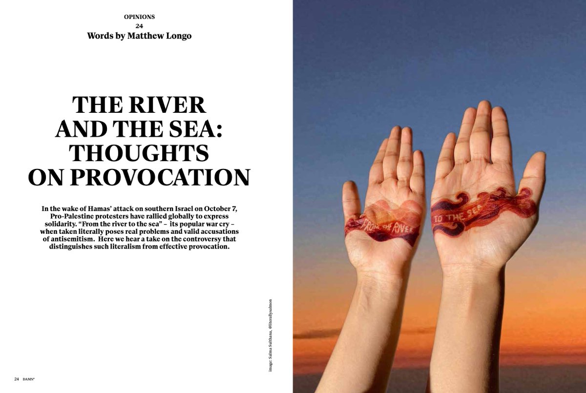 Here's an essay I wrote about protest and provocation re: the #GazaWar - and the meaning of the chant 'from the river to the sea'. It was written before the #CampusProtests but treats the bias inherent to how we view them. Give a read @DAMN_magazine and please RT!
