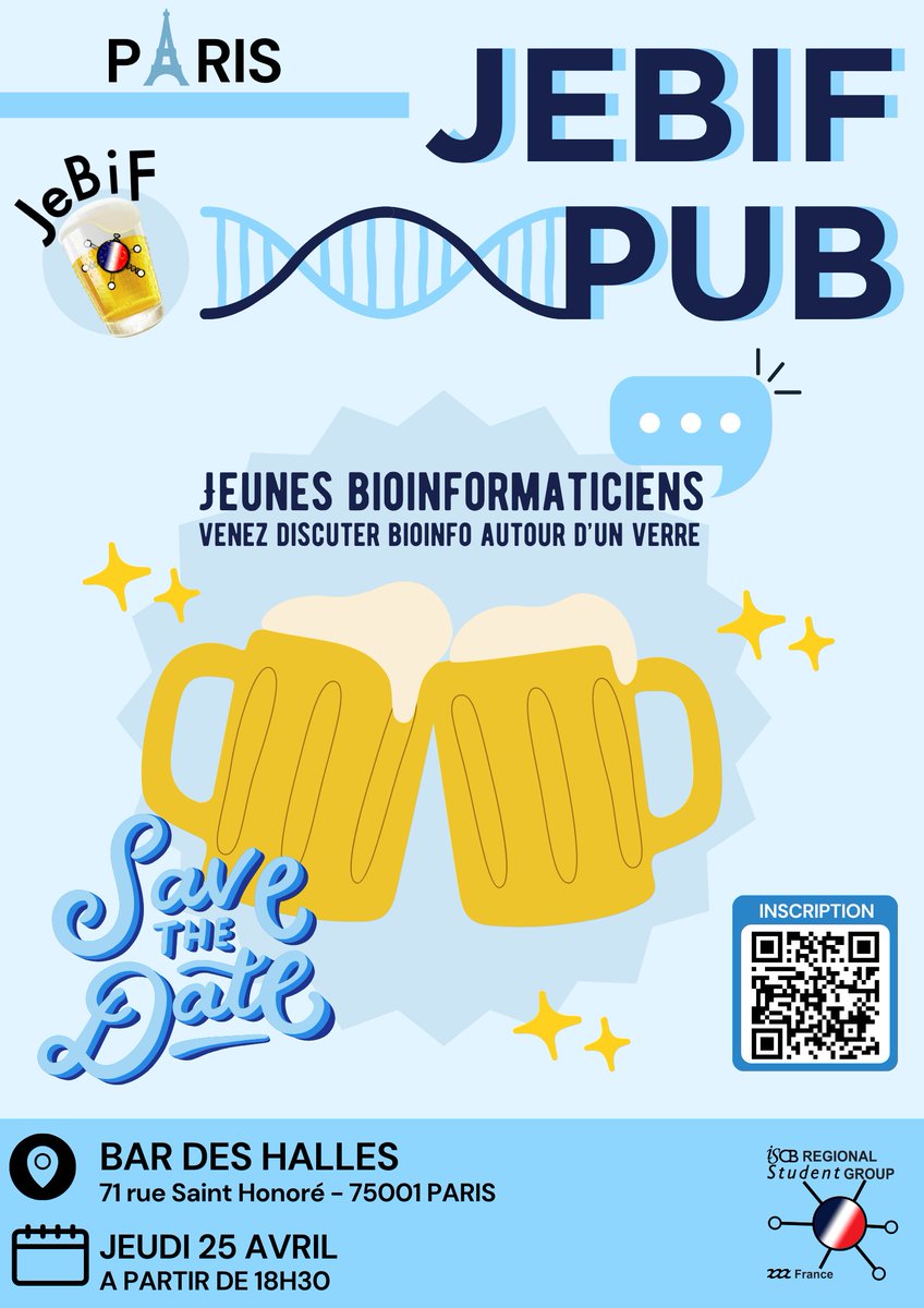 🍻CE SOIR: 𝙅𝙚𝘽𝙞𝙁 𝙋𝙐𝘽 - 𝙋𝙖𝙧𝙞𝙨🍻 #stagiaires, #doctorants, #ingés, #chercheurs et autres, venez passer une soirée décontractée de réseautage, de discussions et de rencontres autour de la #bioinfo! 📍Bar des Halles Inscription : jebif.fr/events/jebif-p…