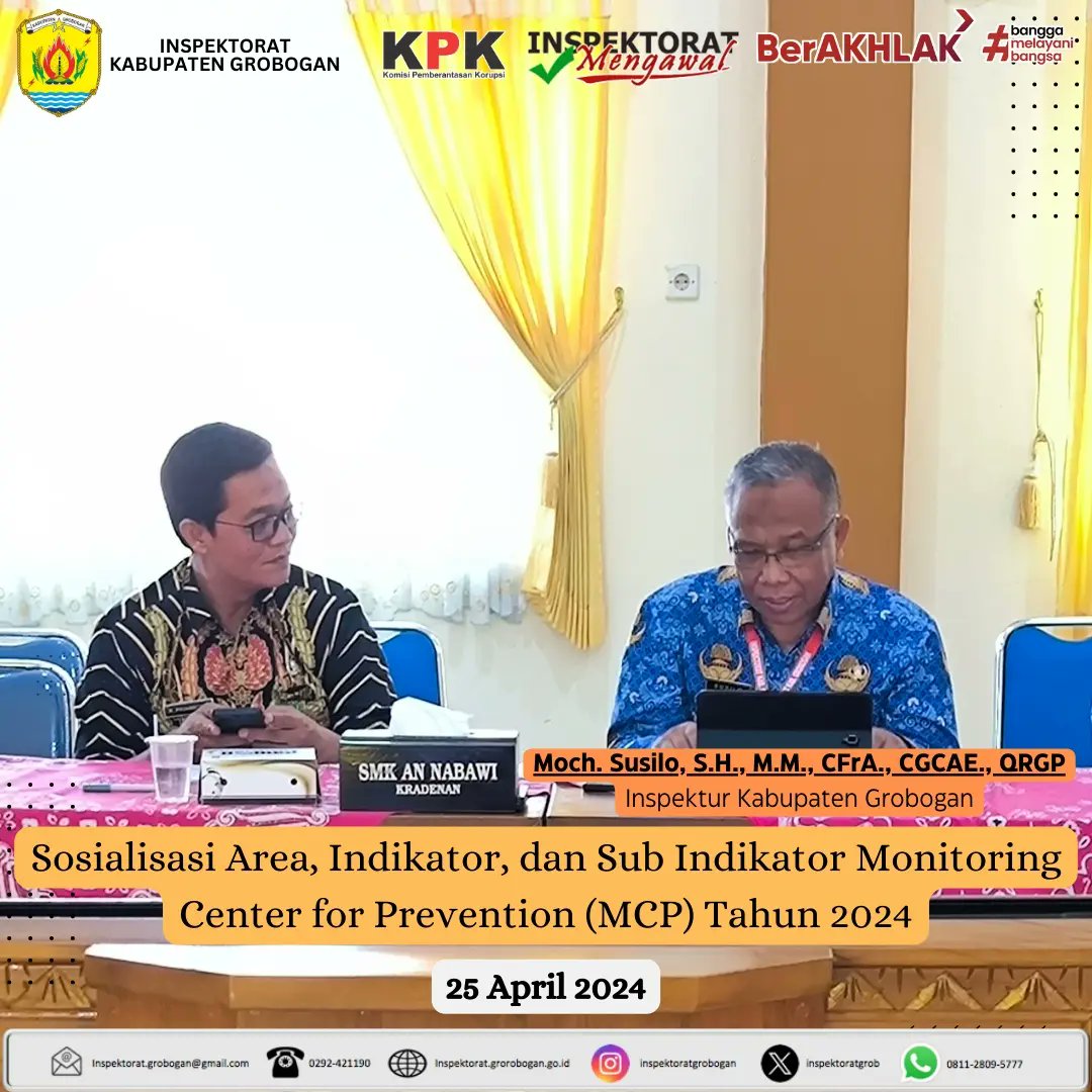 inspektoratgrob's tweet image. Hari kedua sosialisasi area, indikator, dan sub indikator MCP thn 2024 secara daring, meliputi area pelayanan publik dan manajemen ASN yg diikuti oleh OPD terkait,  di Aula Inspektorat Kab. Grobogan, 25 April 2024.
@MochSusilo1
#mcp2024 #mcpkpk2024 #inspektorat #groboganbersemi