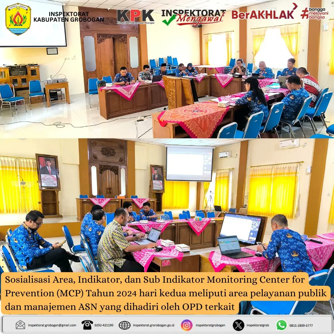 inspektoratgrob's tweet image. Hari kedua sosialisasi area, indikator, dan sub indikator MCP thn 2024 secara daring, meliputi area pelayanan publik dan manajemen ASN yg diikuti oleh OPD terkait,  di Aula Inspektorat Kab. Grobogan, 25 April 2024.
@MochSusilo1
#mcp2024 #mcpkpk2024 #inspektorat #groboganbersemi