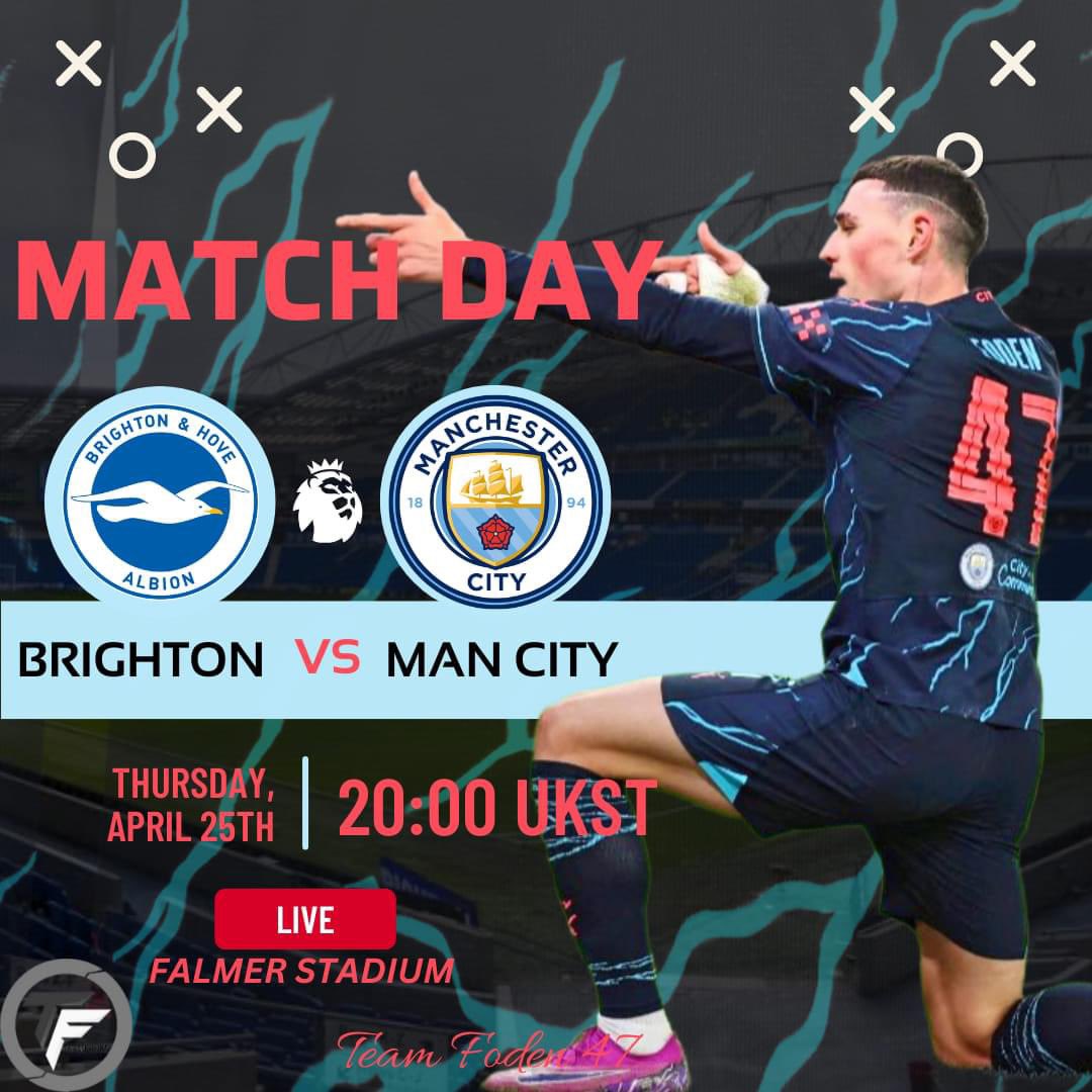 𝗜𝗧'𝗦 𝗠𝗔𝗧𝗖𝗛𝗗𝗔𝗬!!! 🙌

🏆 Premier League 
🔄 Matchday 33
🆚 Brighton & Hove Albion FC 
🏟️ Falmer Stadium 
⏰ 20:00 KO UK /21:00 KO SA /01:00 KO BD

#ComeOnCity #mancity #England #BHAMCI #MCFC