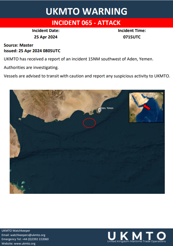 UKMTO WARNING INCIDENT 065 - ATTACK #MartimeSecurity #MarSec ukmto.org/indian-ocean/u…