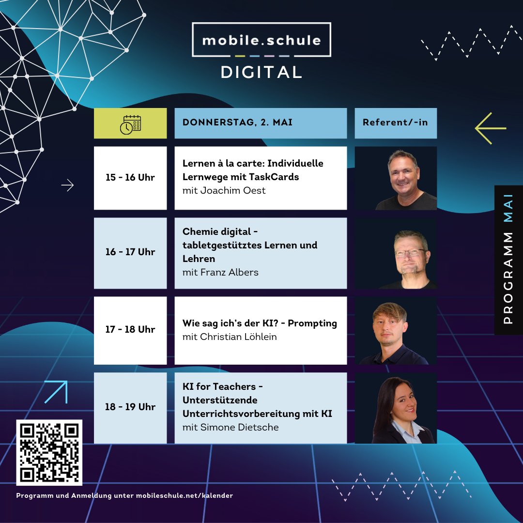 📚Unser Wow-Programm für Donnerstag, den 2. Mai!

🔍 Lernen à la carte mit TaskCards
🧪 Chemie digital
🤖 Wie sag ich’s der KI?
🎓 KI for Teachers

Entdecke neue Wege im Unterricht! Infos &amp; Anmeldung: mobileschule.net/kalender

#MobileSchule #DigitalesLernen #Fortbildung