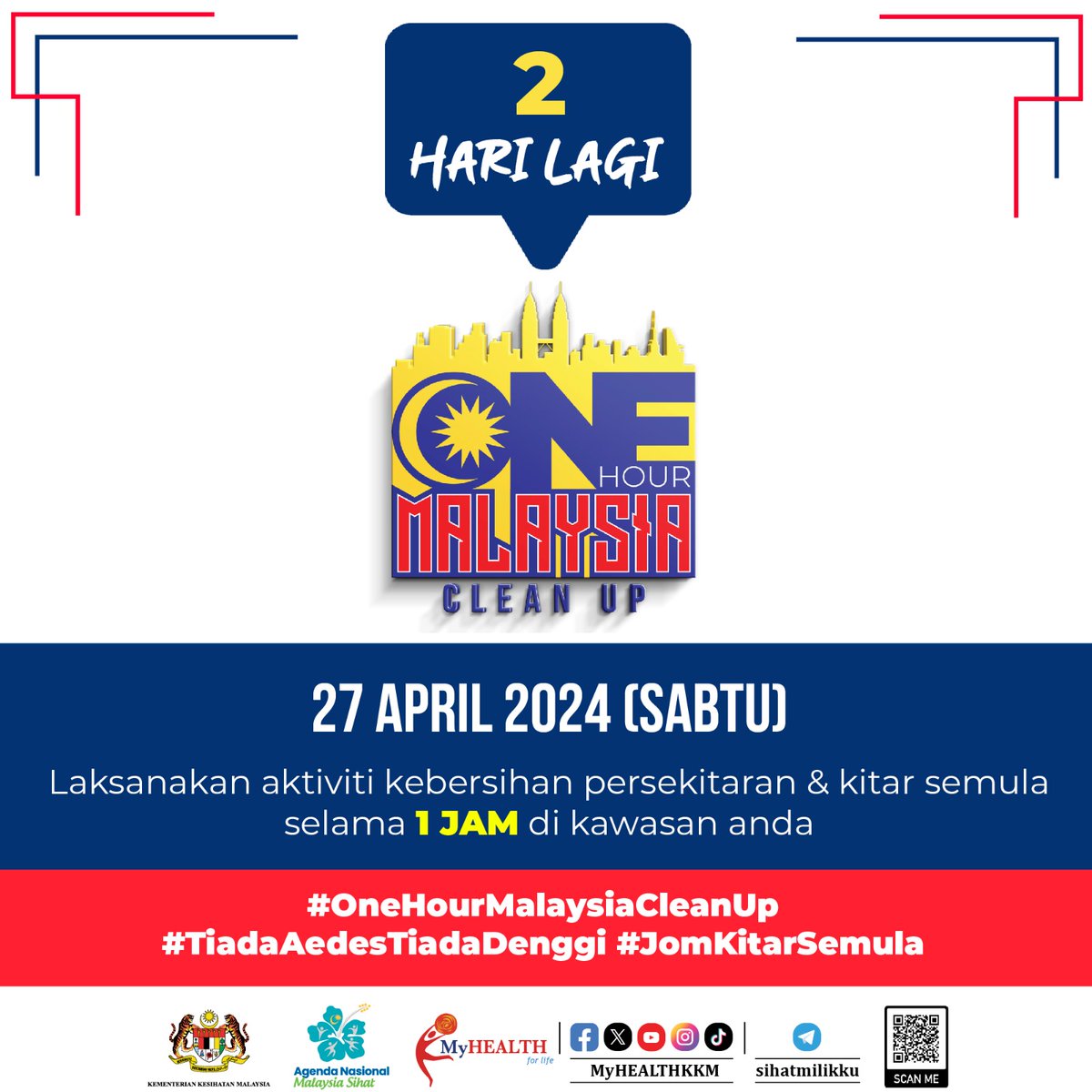 2 hari lagi menjelang One Hour Malaysia Clean Up.
Tarikh : 27 April 2024 (Sabtu)

Laksanakan aktiviti kebersihan persekitaran & kitar semula selama 1 jam di kawasan anda.

#ANMS #OneHourMalaysiaCleanUp #TiadaAedesTiadaDenggi #JomKitarSemula #sihatmilikku