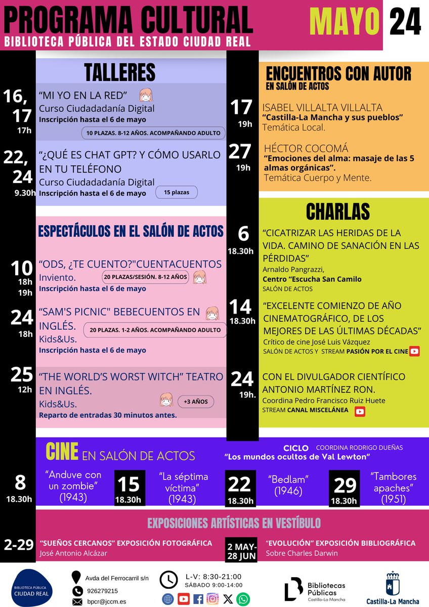 Ya tenemos aquí las actividades del mes de mayo. Puedes consultar cómodamente toda la programación e inscribirte (a partir del 2 de mayo) desde nuestro boletín:
bpeciudadreal.castillalamancha.es/boletin-de-act…
#BPECRDigital #BPECR #actividades