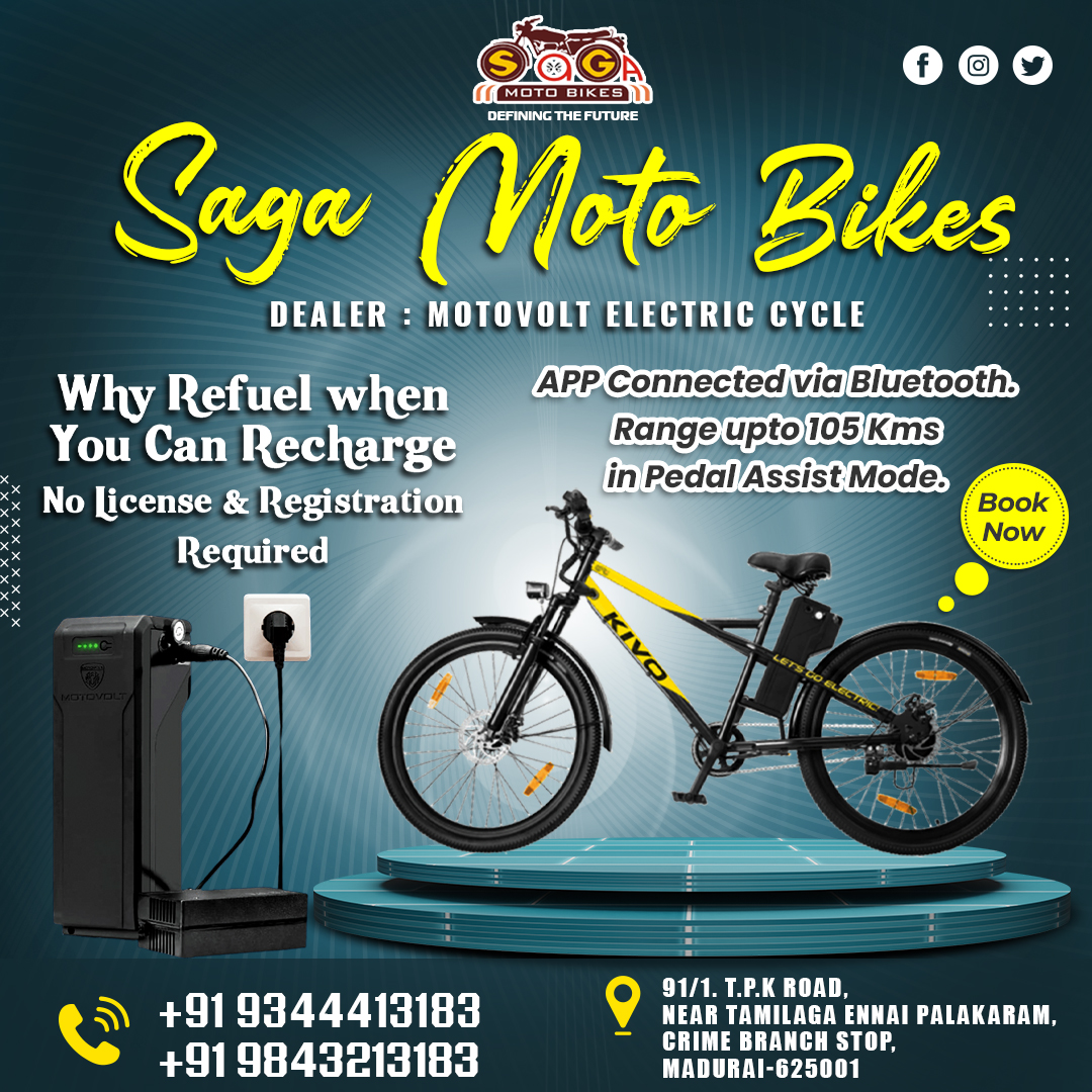 Saga Moto Bikes - Motovolt Electric Cycle - Madurai #serviceandwarranty #dealer #pedalassistmode #EnergyStorage #assistedbike #fastandflexing #improvefitness #ecofriendly #newtech #battery #urbn #safety #rideinfo #customersupport #performance #savings #trend #shop #hum