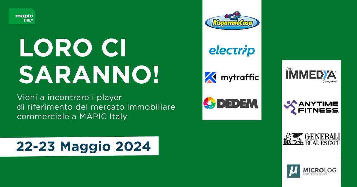 🌟 MAPIC Italy ti aspetta a Milano (22-23 maggio, SUPERSTUDIO MAXI)! Un'opportunità unica per esplorare il mercato immobiliare con Risparmio Casa, AnytimeFitness, Immedya, Microlog, Generali, ELECTRIP, DEDEM e Mytraffic. Unisciti a noi! #MAPICItaly #Retail #RealEstate