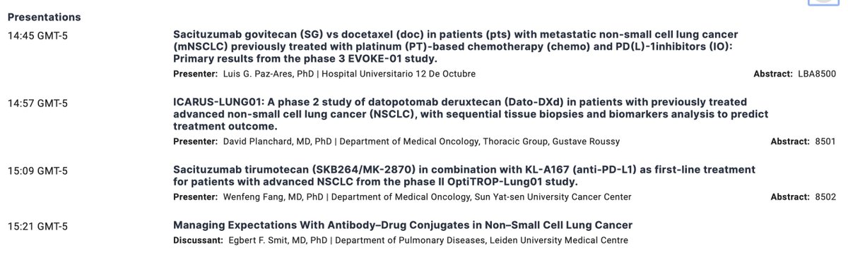 ADC's in lung are definitely interesting but something bugs me. Is it the balance of toxicity vs efficacy? Is it the challenge of not getting tongue tied pronouncing them? One thing is for sure. I'm really looking forward to hearing Egbert Smit's discussion. #ASCO24