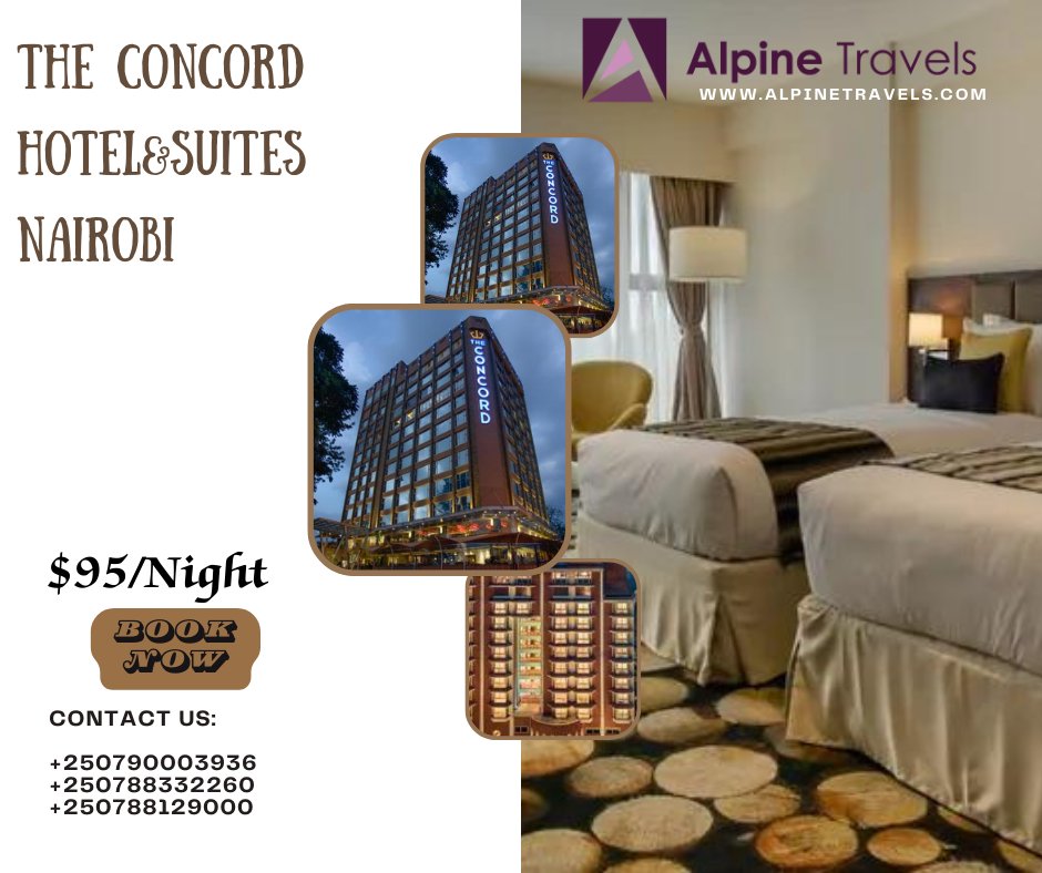 Experience Nairobi's premier hospitality at The Concord Hotel&Suites! Book through Alpine Travels for a luxurious stay. Visit our office at #G-37, #MICBuilding, #Kigali-Rwanda, to plan your unforgettable Nairobi getaway. 
Contact us now! #NairobiKenya #HotelBooking #AlpineTravels