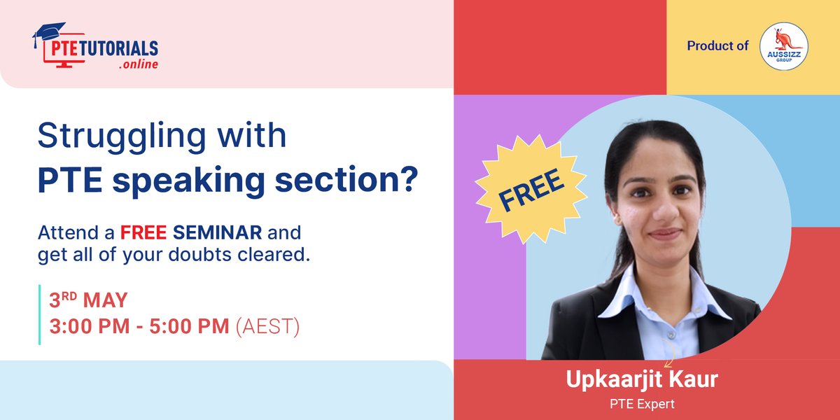 Feeling stuck with the PTE speaking section?
We get it, and we're here to help! Attend our 𝐅𝐑𝐄𝐄 seminar where our expert, Upkarjit Kaur, will guide you through winning strategies to ace the test: tinyurl.com/Speaking-modul…

#PTEExam #PTEPreparation #PTEAcademic #PTEspeaking