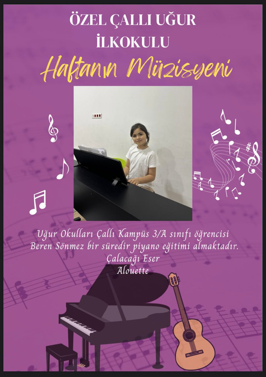 UOCalli's tweet photo. İLKOKUL HAFTANIN MÜZİSYENİ BEREN SÖNMEZ🎹
#HaftanınMüzisyeni etkinliğimizde yer alan 3/A sınıfı öğrencimiz Beren SÖNMEZ bir süredir piyano eğitimi almaktadır. Bizlere hazırladığı dinleti için teşekkür eder, müzik hayatında başarılar dileriz.👏🎹 #UğurdaSanatVar #UTalent https://t.co/G9MLaEEWST