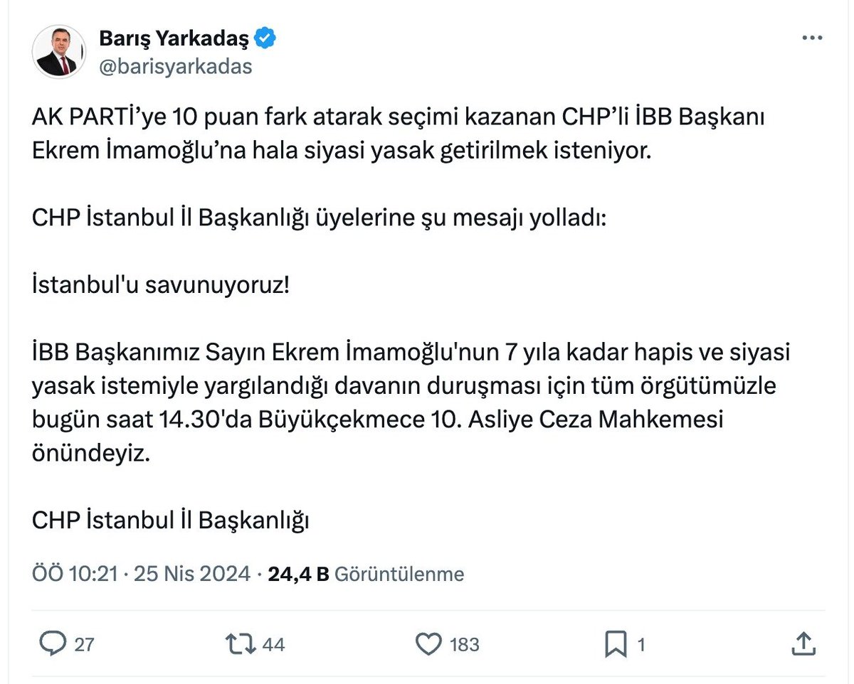 1-Bu davanın seçimlerle ve 10 puan fark ile alakası yok.
2-Bu davanın konusu, @ekrem_imamoglu 'nun Beylikdüzü Belediye Başkanı olduğu dönem olan 29 Aralık 2015 tarihinde ‘Kültür Merkezlerinde Personel Çalıştırılması ve Kültür Sanat Organizasyonları Hizmet Alım İşi' ihalesinin…