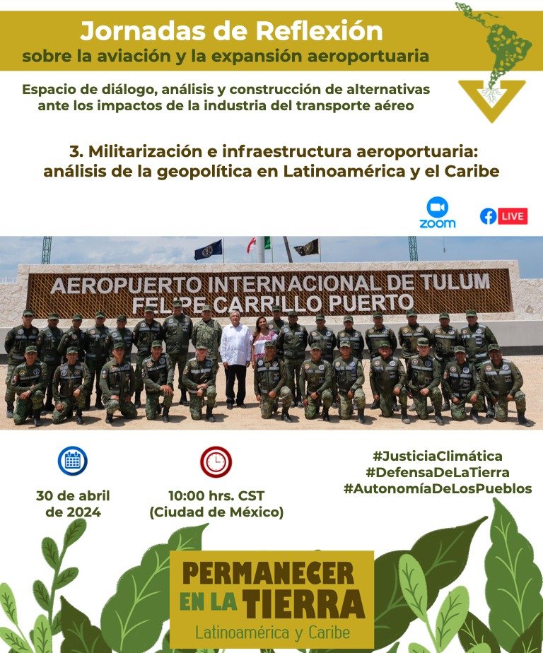 ✈️🪖 'Militarización e infraestructura aeroportuaria: análisis de la geopolítica en Latinoamérica y el Caribe' c/ @OGeopolitica 📅 Martes, 30 de abril de 2024 a las 10:00 hrs CST (Ciudad de México) 👉 Regístrate aquí: es.stay-grounded.org/permanecer-en-