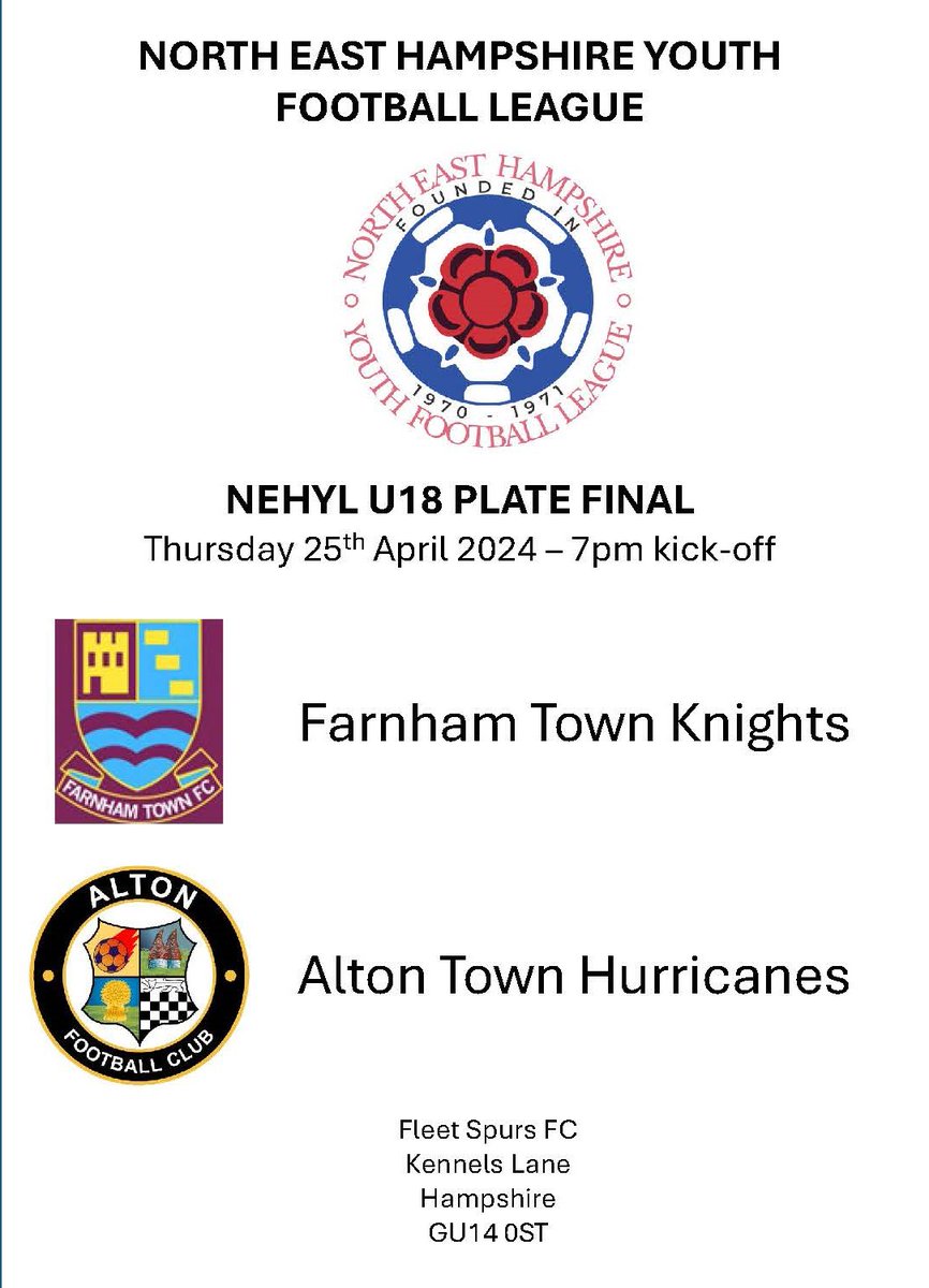 North East Hampshire Youth League (@nehylfootball) on Twitter photo NEHYL U18 Plate Final this eveining <a href="/FleetSpurs/">Fleet Spurs</a> 7PM GU14 0ST, VEO is charging , medals are boxed up, programs printed, two great teams who have been part of NEHYL for many years- come along and support <a href="/FarnhamTownFC/">Farnham Town FC (C)</a> <a href="/AltonYouth/">Alton FC Youth Section</a> <a href="/ADFLUK/">ADFL</a> <a href="/adfacups/">Aldershot DFA</a> <a href="/HampshireFA/">Hampshire FA</a> NEHYL U18 Plate Final this eveining <a href="/FleetSpurs/">Fleet Spurs</a> 7PM GU14 0ST, VEO is charging , medals are boxed up, programs printed, two great teams who have been part of NEHYL for many years- come along and support <a href="/FarnhamTownFC/">Farnham Town FC (C)</a> <a href="/AltonYouth/">Alton FC Youth Section</a> <a href="/ADFLUK/">ADFL</a> <a href="/adfacups/">Aldershot DFA</a> <a href="/HampshireFA/">Hampshire FA</a>