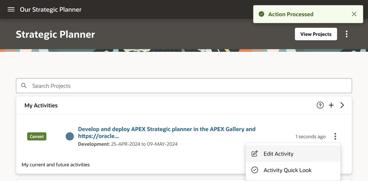 MikeHichwa's tweet photo. At #apexconn24 I have announced immediate availability of #orclAPEX Strategic Planner starter App.  Install from gallery or https://t.co/eQDBDW5En5.  #Free project and activity tracking w/ email subscriptions, favorites, faceted search, content rows with action menus, 187 pages! https://t.co/QxovxnBsVM